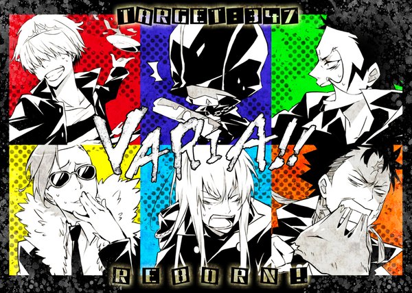 Anime picture 1010x722 with katekyou hitman reborn superbi squalo xanxus belphegor (khr) lussuria leviathan (khr) mammon (khr) danemaru long hair fringe short hair open mouth smile looking away profile inscription multiple boys copyright name monochrome scar