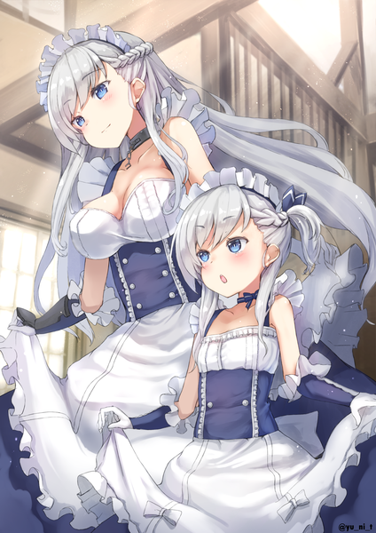 Anime picture 1075x1520 with azur lane belfast (azur lane) little bel (azur lane) yu ni t long hair tall image blush fringe breasts open mouth blue eyes hair between eyes standing multiple girls signed payot looking away cleavage silver hair braid (braids)