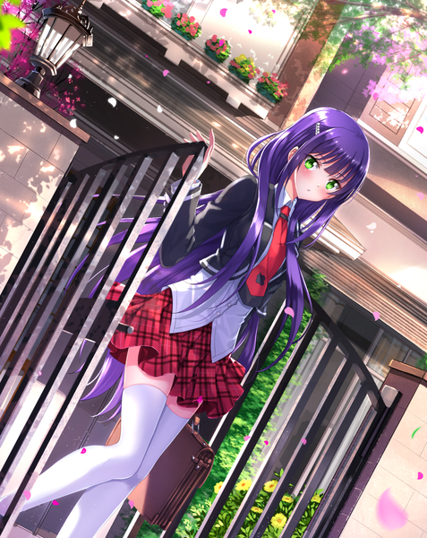 Anime picture 1102x1386 with anne-happy hibarigaoka ruri swordsouls single long hair tall image fringe standing holding payot looking away purple hair bent knee (knees) outdoors blunt bangs long sleeves parted lips pleated skirt sunlight shadow