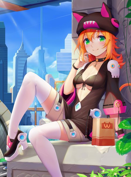 Anime-Bild 5000x6700 mit original sonikey0 0 single long hair tall image looking at viewer blush fringe highres breasts light erotic smile hair between eyes sitting green eyes absurdres orange hair arm support center opening front-tie top