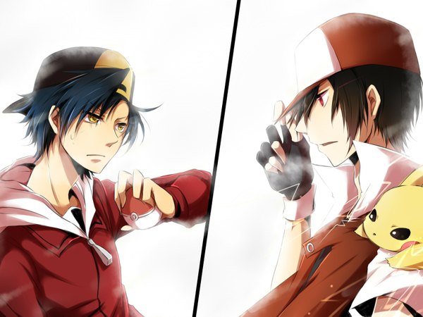 Anime picture 1600x1200 with pokemon pokemon heartgold and soulsilver nintendo pikachu red (pokemon) gold (pokemon) fujiya (artist) short hair red eyes brown hair yellow eyes blue hair profile multiple boys gen 1 pokemon boy animal fingerless gloves 2 boys flat cap