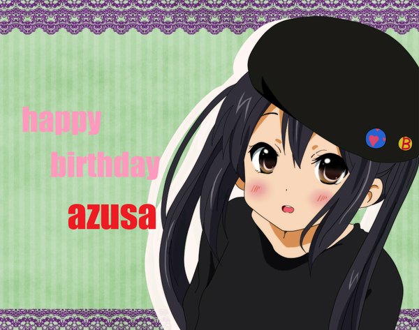 Anime picture 1704x1346 with k-on! kyoto animation nakano azusa ryoutan single long hair blush highres open mouth black hair twintails brown eyes inscription girl beret cap