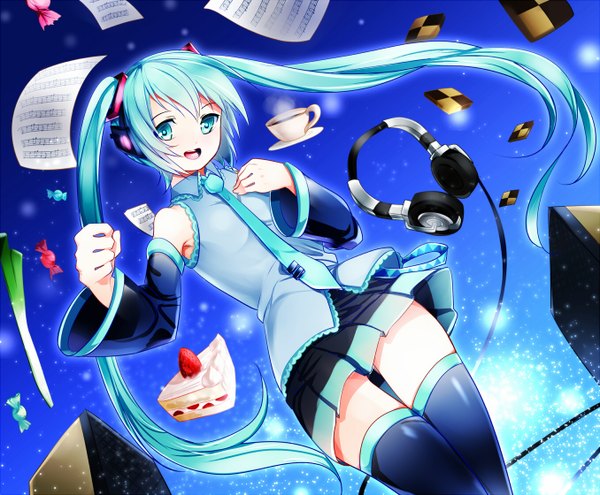 Anime picture 1356x1120 with vocaloid hatsune miku aaru single looking at viewer open mouth twintails very long hair aqua eyes aqua hair girl thighhighs skirt black thighhighs detached sleeves necktie food sweets headphones cake