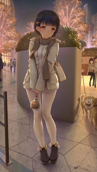 Anime picture 2160x3840 with original tokinohimitsu tall image blush fringe highres short hair black hair standing sitting holding brown eyes looking away full body outdoors blunt bangs long sleeves light smile night embarrassed