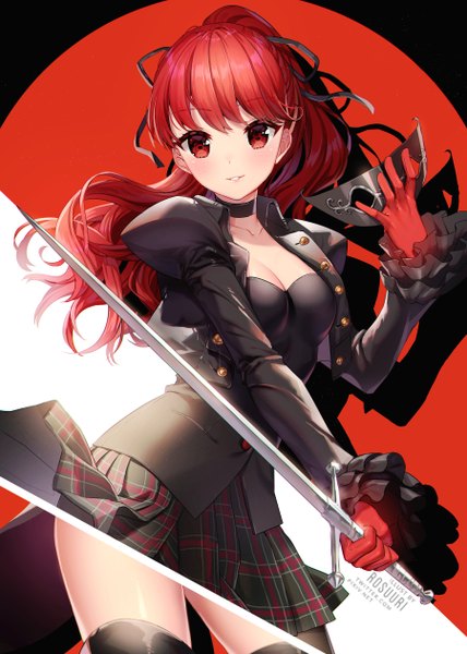 Anime picture 900x1260 with persona 5 persona persona 5 the royal yoshizawa kasumi rosuuri single long hair tall image looking at viewer blush fringe breasts simple background red eyes standing holding signed cleavage ponytail red hair