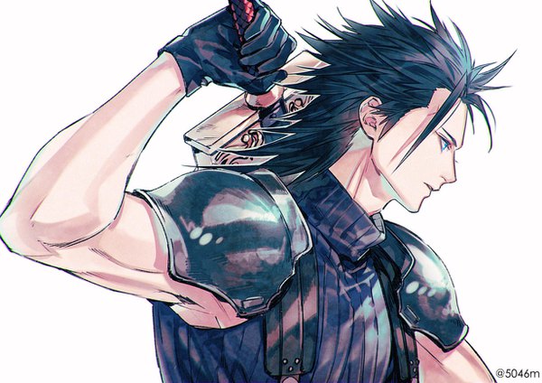 Anime picture 1230x870 with final fantasy final fantasy vii crisis core final fantasy vii square enix zack fair 5046m single short hair blue eyes black hair simple background white background holding signed looking away upper body parted lips profile one eye closed wink