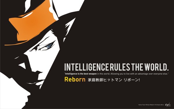 イラスト 1920x1200 と 家庭教師ヒットマンREBORN! reborn amano akira ソロ highres 短い髪 青い目 黒髪 simple background 笑顔 signed looking away inscription 影 character names text monochrome english smirk 男性