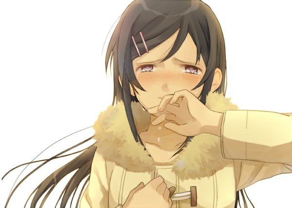 Anime picture 812x579 with ore no imouto ga konna ni kawaii wake ga nai aragaki ayase sechichi xd single long hair looking at viewer blush fringe black hair simple background white background pink eyes tears crying girl hair ornament jacket hairclip fur