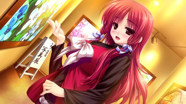 Anime picture 2560x1440 with prism recollection renjou sayaka shintarou single long hair looking at viewer blush highres open mouth red eyes wide image standing game cg red hair hieroglyph girl hair ornament flower (flowers) ribbon (ribbons) hair ribbon