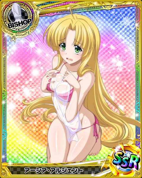 Anime picture 640x800 with highschool dxd asia argento single long hair tall image looking at viewer blush breasts open mouth light erotic blonde hair green eyes tears card (medium) girl swimsuit bikini towel