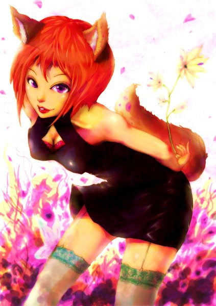 Anime picture 846x1200 with original takeshi single tall image short hair breasts smile bare shoulders animal ears tail animal tail pink eyes orange hair leaning leaning forward lipstick fox ears fox tail fox girl hands behind back