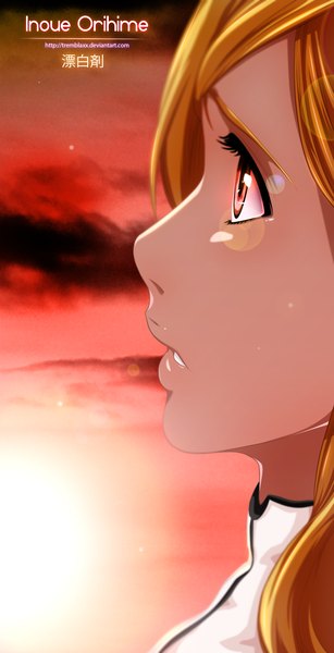 Anime picture 1125x2194 with bleach studio pierrot inoue orihime tremblax single long hair tall image red eyes sky cloud (clouds) profile orange hair inscription coloring evening sunset close-up face girl sun