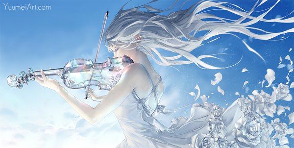 Anime picture 1500x757 with original yuumei single long hair simple background wide image standing bare shoulders holding signed sky upper body eyes closed wind grey hair inscription bare back playing instrument girl dress