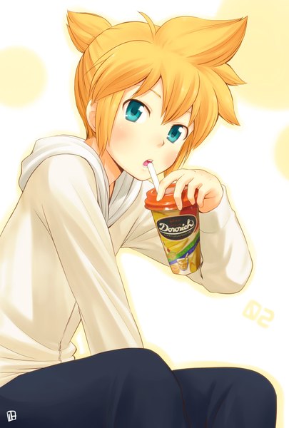 Anime picture 1200x1775 with vocaloid kagamine len nagian single tall image looking at viewer blush short hair open mouth blonde hair sitting holding aqua eyes boy hood