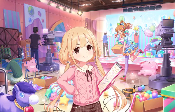 Anime picture 1280x824 with idolmaster idolmaster cinderella girls idolmaster cinderella girls starlight stage futaba anzu moroboshi kirari long hair looking at viewer blush fringe short hair open mouth blonde hair standing twintails multiple girls yellow eyes ahoge indoors orange hair multiple boys