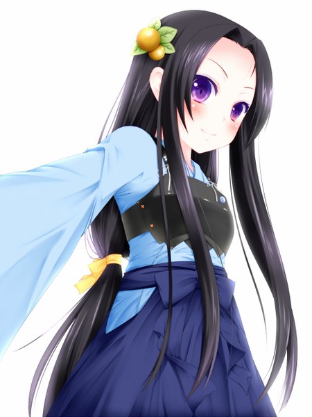 Anime picture 1000x1333 with oda nobuna no yabou akechi mitsuhide (oda nobuna no yabou) umxzo single long hair tall image blush black hair simple background smile white background purple eyes traditional clothes japanese clothes girl armor