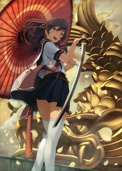 Anime picture 2169x3030 with original japanese sword girls (artbook) shizuma yoshinori single long hair tall image highres open mouth brown hair black eyes girl thighhighs skirt weapon animal petals white thighhighs sword serafuku bird (birds)