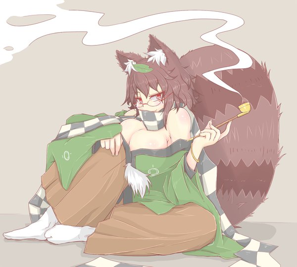 Anime picture 1200x1080 with touhou futatsuiwa mamizou cube85 single looking at viewer short hair breasts light erotic smile red eyes brown hair large breasts sitting bare shoulders animal ears cleavage full body tail long sleeves traditional clothes