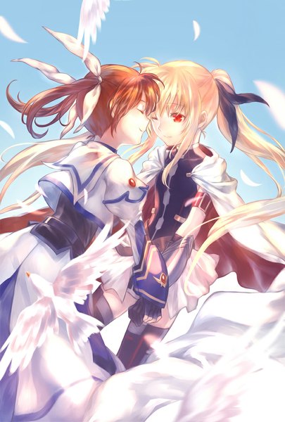 Anime picture 800x1183 with mahou shoujo lyrical nanoha fate testarossa takamachi nanoha azmodan long hair tall image blush blonde hair smile red eyes brown hair twintails multiple girls sky ponytail eyes closed one eye closed wink holding hands girl