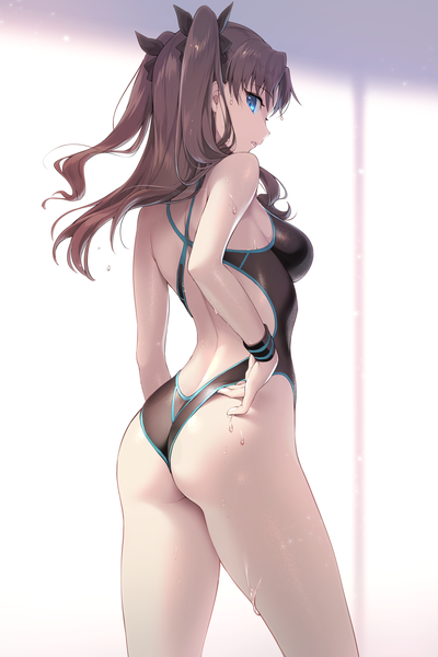 Anime picture 1600x2400 with fate (series) fate/stay night toosaka rin gomashio ponz single long hair tall image looking at viewer fringe breasts blue eyes light erotic brown hair standing ass indoors parted lips profile looking back from behind