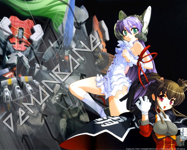 Anime picture 1280x1024 with demonbane al azif hadou ruri nishii (nitroplus) long hair looking at viewer fringe breasts open mouth smile hair between eyes red eyes brown hair large breasts standing multiple girls green eyes payot purple hair upper body