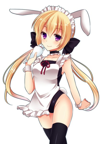 Anime picture 800x1129 with original kuu (agekichi) agekichi (heart shape) single long hair tall image looking at viewer blush light erotic blonde hair smile purple eyes twintails animal ears bunny ears girl thighhighs black thighhighs swimsuit apron