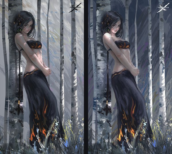 Anime picture 2048x1830 with ghost blade aeolian wlop long hair highres breasts black hair bare shoulders green eyes looking away parted lips lips realistic bare belly looking down multiview hands clasped freckles girl skirt