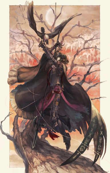 Anime picture 1920x3000 with original pixiv fantasia pixiv fantasia t oca single long hair tall image highres brown hair horn (horns) border knight boy gloves ribbon (ribbons) weapon plant (plants) hair ribbon animal tree (trees)
