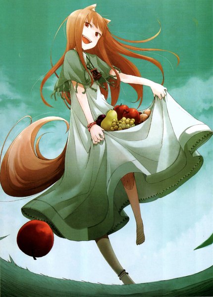 Anime picture 2970x4139 with spice and wolf horo single long hair tall image fringe highres open mouth brown hair holding brown eyes animal ears tail animal tail barefoot alternate costume happy wolf ears wolf tail wolf girl