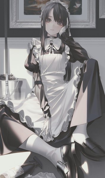 Anime picture 699x1179 with original wanke single long hair tall image looking at viewer fringe black hair hair between eyes sitting full body bent knee (knees) indoors long sleeves black eyes shadow maid puffy sleeves expressionless bell collar