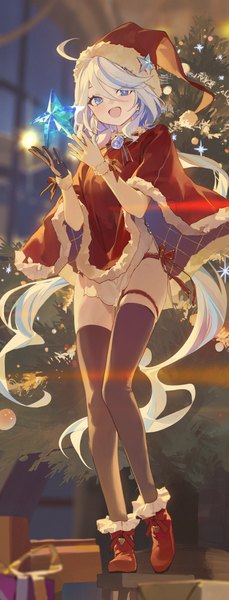 Anime picture 2047x5366 with genshin impact furina (genshin impact) modare single tall image looking at viewer fringe highres open mouth blue eyes light erotic hair between eyes silver hair full body ahoge indoors very long hair :d christmas long legs