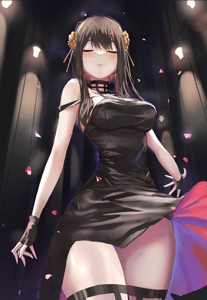 Anime picture 2500x3611 with spy x family yor briar dolri single long hair tall image blush fringe highres breasts light erotic black hair smile hair between eyes large breasts standing bare shoulders payot cleavage eyes closed