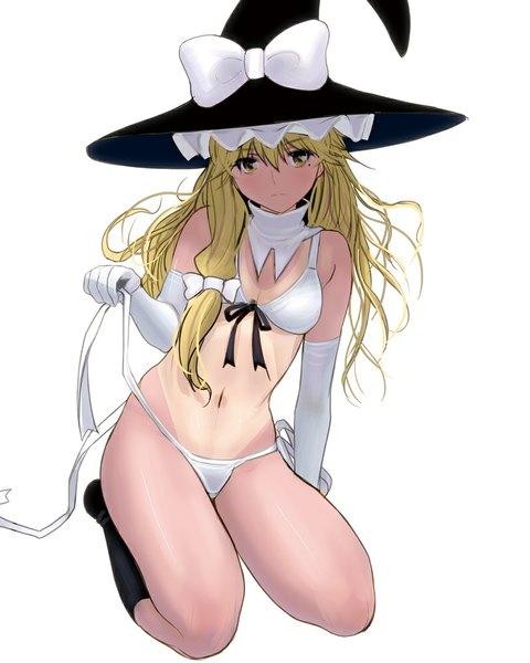 Anime picture 800x1000 with touhou kirisame marisa masao single long hair tall image looking at viewer blush light erotic simple background blonde hair white background sitting yellow eyes mole bare belly no shoes mole under eye witch tan