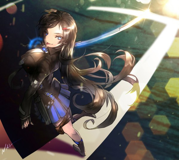 Anime picture 1300x1162 with closers yuri seo nal (artist) single breasts blue eyes black hair large breasts very long hair girl hair ornament weapon sword hairclip tongue katana clothes