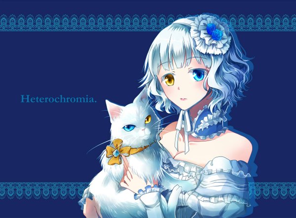 Anime picture 1268x933 with original nekozuki yuki looking at viewer short hair bare shoulders silver hair heterochromia girl dress hair ornament detached sleeves frills hairband cat