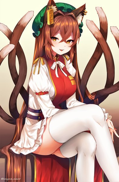 Anime picture 576x878 with touhou chen marota single long hair tall image looking at viewer blush fringe light erotic smile hair between eyes brown hair sitting signed animal ears yellow eyes tail nail polish traditional clothes