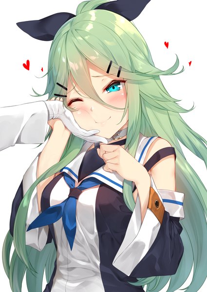 Anime picture 2507x3541 with kantai collection admiral (kantai collection) yamakaze (kantai collection) yappen tall image blush fringe highres breasts simple background smile hair between eyes white background one eye closed aqua eyes green hair wide sleeves happy solo focus hand on another's face
