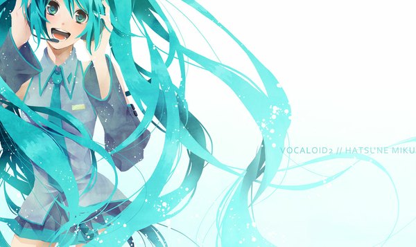 Anime picture 1000x595 with vocaloid hatsune miku nagi kanami single long hair blush open mouth wide image twintails aqua eyes aqua hair inscription wallpaper girl detached sleeves