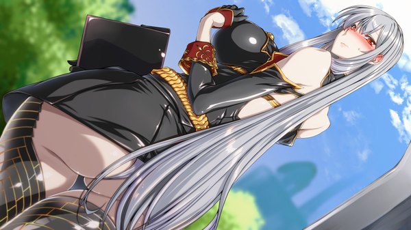 Anime picture 1920x1080 with valkyria chronicles selvaria bles ebido single long hair blush highres breasts light erotic red eyes wide image large breasts sky cloud (clouds) ass looking back grey hair girl thighhighs gloves