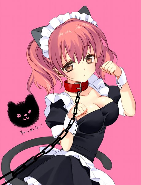 Anime picture 644x839 with inu x boku ss david production roromiya karuta piyodera mucha single tall image fringe short hair breasts light erotic simple background hair between eyes large breasts twintails brown eyes animal ears pink hair cleavage tail animal tail