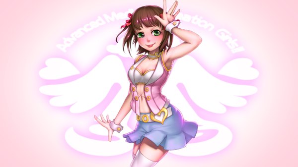 Anime picture 2560x1440 with idolmaster amami haruka ryun (artist) single blush fringe highres short hair smile brown hair wide image green eyes pink diamond 765 girl thighhighs skirt navel ribbon (ribbons) hair ribbon miniskirt