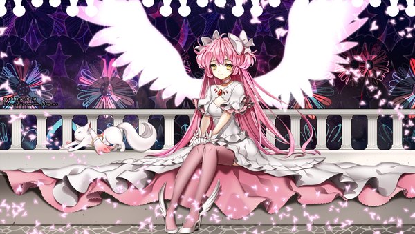Anime picture 2675x1512 with mahou shoujo madoka magica shaft (studio) kaname madoka goddess madoka primcoco (jooarose) single long hair highres wide image sitting yellow eyes pink hair girl thighhighs dress bow hair bow wings insect butterfly