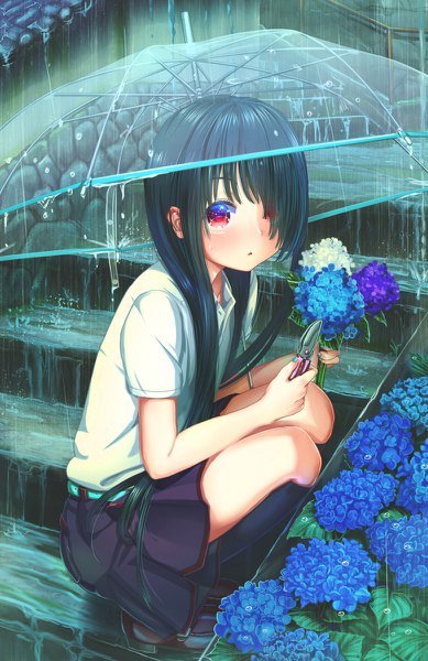 Anime picture 778x1200 with original abo (kawatasyunnnosukesabu) single long hair tall image looking at viewer blush fringe black hair red eyes holding full body outdoors nail polish fingernails hair over one eye rain squat transparent umbrella aqua nail polish