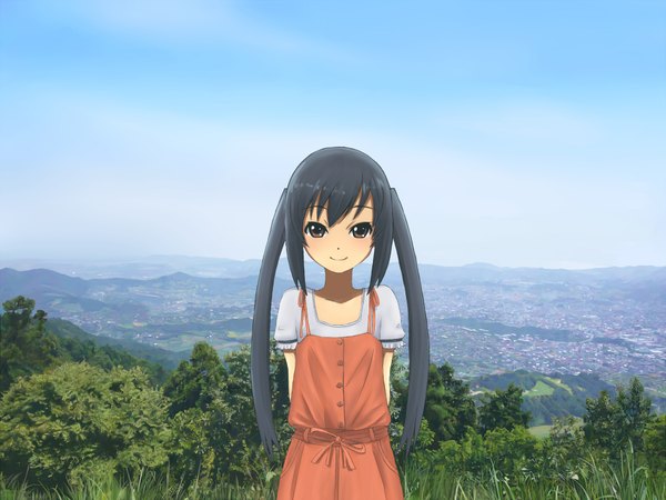 Anime picture 2000x1500 with k-on! kyoto animation nakano azusa single long hair blush fringe highres black hair smile twintails brown eyes sky landscape girl sundress