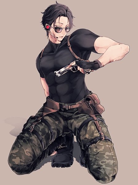 Anime picture 2823x3777 with original schwarz ashford zabeo0125 single tall image looking at viewer fringe highres short hair open mouth black hair simple background red eyes full body mole short sleeves kneeling muscle mole under mouth arm behind back