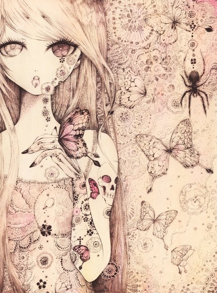 Anime picture 739x1000 with original charmal (pixiv) single long hair tall image looking at viewer blonde hair holding nail polish black eyes grey eyes tattoo heterochromia mouth hold face paint bodypaint girl insect butterfly skull