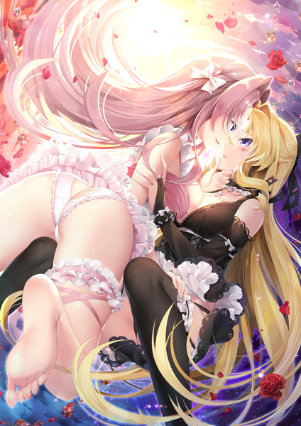Anime picture 1000x1415 with original delores (mvv) aurora (mvv) mvv long hair tall image blush breasts blue eyes light erotic blonde hair multiple girls pink hair ass shoujo ai face to face eye contact almost kiss hand on another's face girl