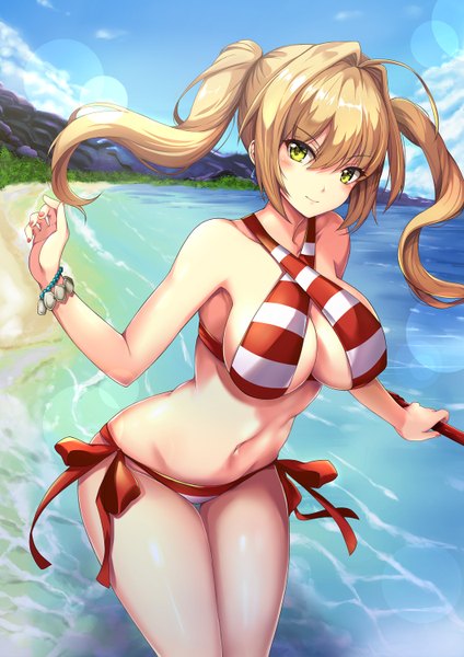 Anime picture 1060x1500 with fate (series) fate/grand order nero claudius (fate) (all) nero claudius (swimsuit caster) (fate) taka-kun single long hair tall image looking at viewer blush fringe breasts light erotic blonde hair hair between eyes large breasts standing twintails bare shoulders holding