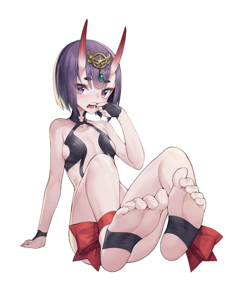 Anime picture 2000x2597 with fate (series) fate/grand order shuten douji (fate) mokew single tall image looking at viewer highres short hair open mouth light erotic simple background white background sitting purple eyes purple hair horn (horns) arm support eyebrows oni horns