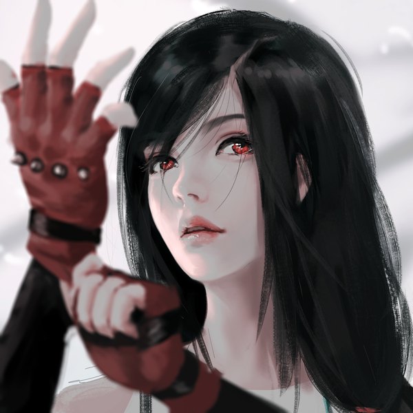 Anime picture 3943x3943 with final fantasy final fantasy vii square enix tifa lockhart wlop single long hair fringe highres black hair simple background hair between eyes red eyes looking away absurdres upper body parted lips arm up lips blurry